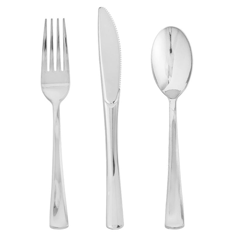 FOCUSLINE 75 Pack Silver Plastic Silverware Disposable Cutlery Set  25 Forks Knives Spoons  Disposable Flatware Heavy Duty Plastic Utensils Set for Catering Parties Dinners Weddings