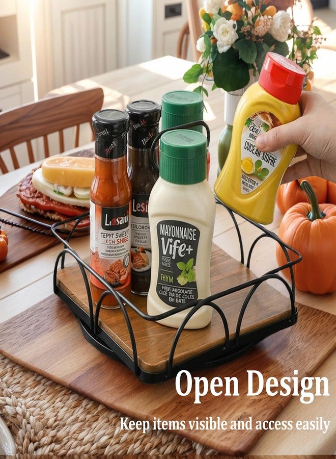 WRINGKIT Condiment Caddy with Handle Lazy Susan, 9 Inch Wood Spice Caddy, 360° Turntable Organizer for Cabinet, Kitchen, Condiment Holder for Table, Restaurants, Seasoning Tray - Image 3