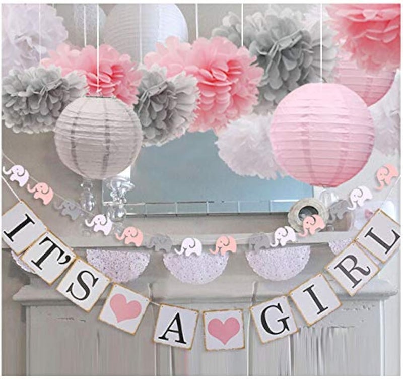 luckylibra Baby Girl Baby Shower Decorations It is a Girl Banners and Paper Lantern Paper Flower Pom Poms Pink White Grey