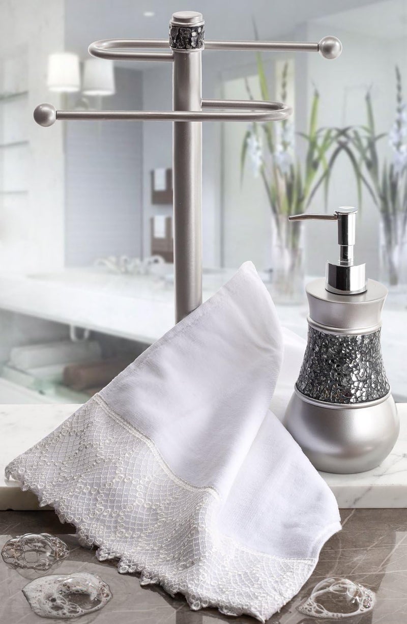Creative Scents Crackled Glass Countertop Towel Stand, Decorative Silver Fingertip Towel Holder, Durable Resin Free Standing Towel Rack, for Elegant Counter Top Bathroom/Shower/Kitchen Decor - Image 2