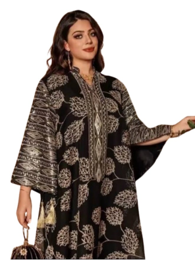 عباية حريمي مطرزة ستايل مغربي خامة كتان إسباني مستورد  تصميم واسع أنيق للمحجبات  كود 6370   باللون الاسود مقاس 2: عرض 70 سم – مناسب حتى 120 كجم - Image 3