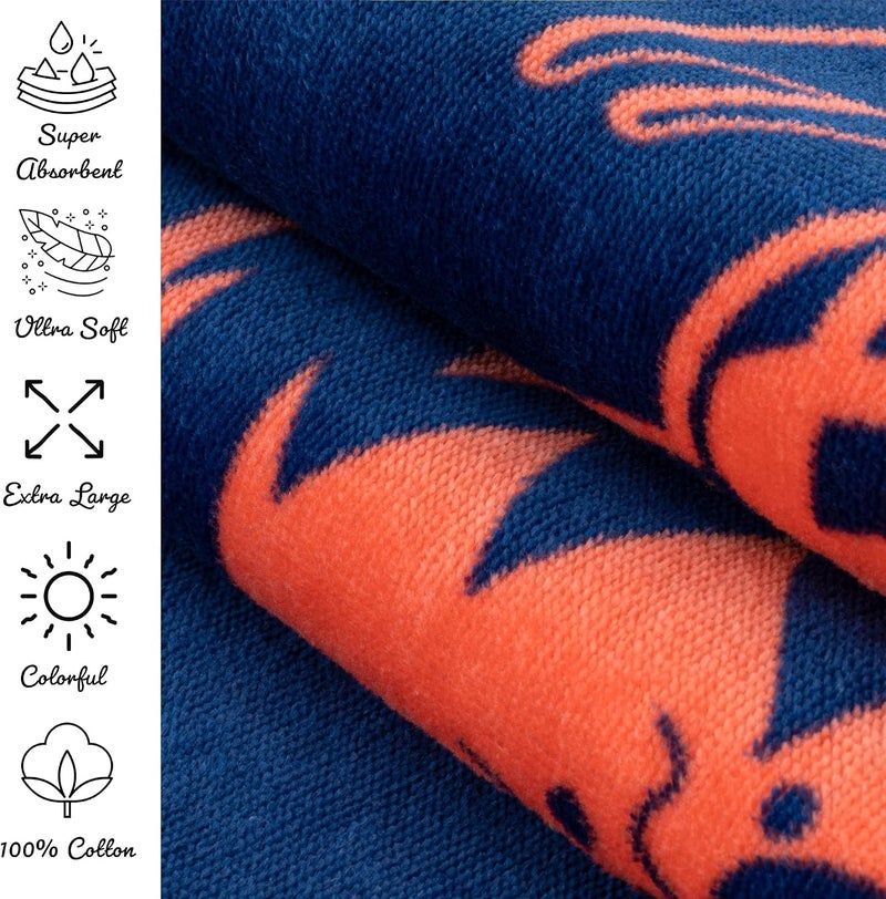 Nova Blue Lobster Beach Towel (34 X 63) - Solid Color 100% Cotton Coral Stripe Large Blanket With Tropical Design - Extra Large, XL - Image 2