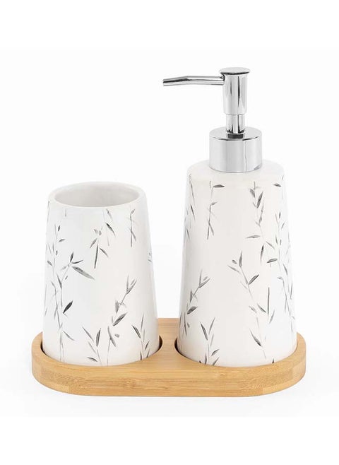 Leaf 3-Piece Stoneware Bath Set, White & Grey