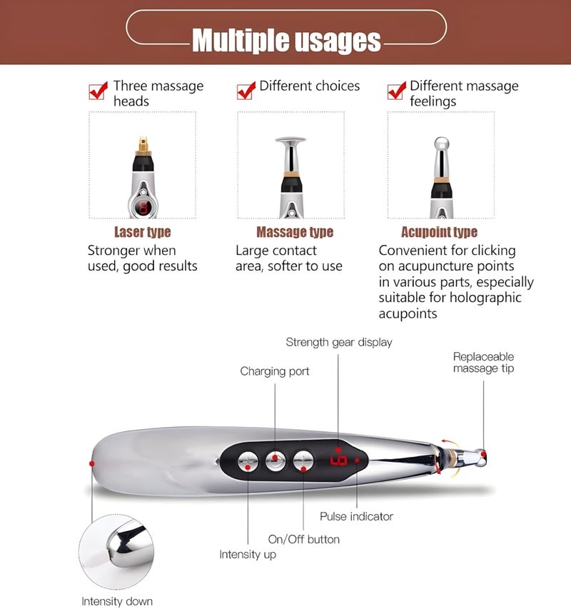 ULVEOL Acupuncture Pen Electronic - USB Rechargeable Pain Relief Electric - for Meridians Energy Pens Massager - Pain Relief Massage Tool with 3 Massage Heads & 2 Massage Gel - Gifts for Women & Men - Image 5