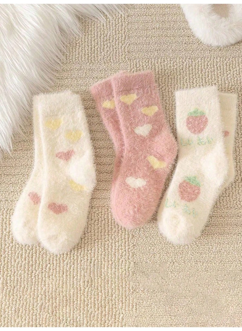 Girls Winter Fuzzy Socks 3 Pairs, Thick Warm Soft Furry Socks in Pink and Off-White with Cute Heart and Strawberry Patterns, Cozy Winter Socks for Girls Ages 3-8 Years - Image 2
