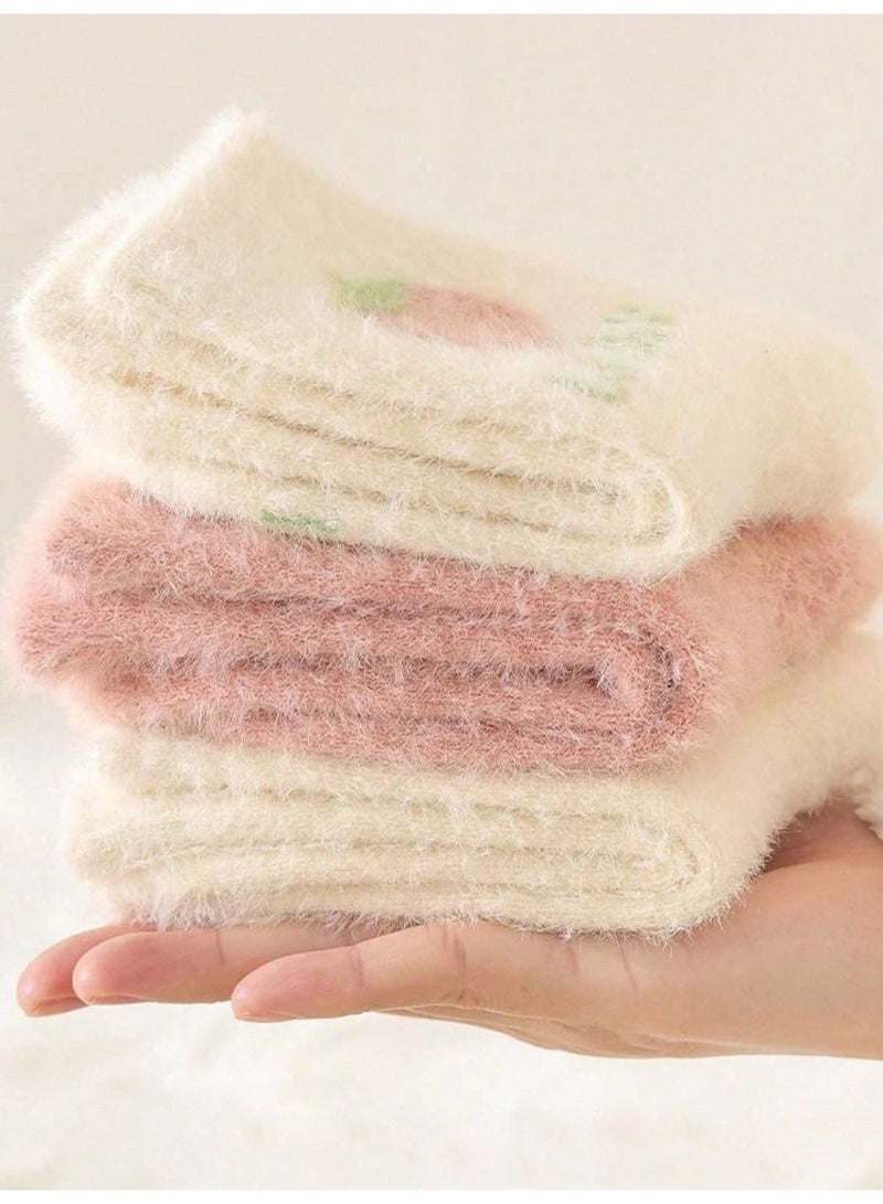 Girls Winter Fuzzy Socks 3 Pairs, Thick Warm Soft Furry Socks in Pink and Off-White with Cute Heart and Strawberry Patterns, Cozy Winter Socks for Girls Ages 3-8 Years - Image 4