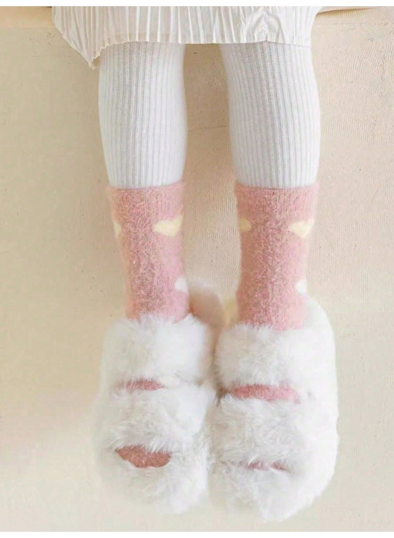 Girls Winter Fuzzy Socks 3 Pairs, Thick Warm Soft Furry Socks in Pink and Off-White with Cute Heart and Strawberry Patterns, Cozy Winter Socks for Girls Ages 3-8 Years - Image 3