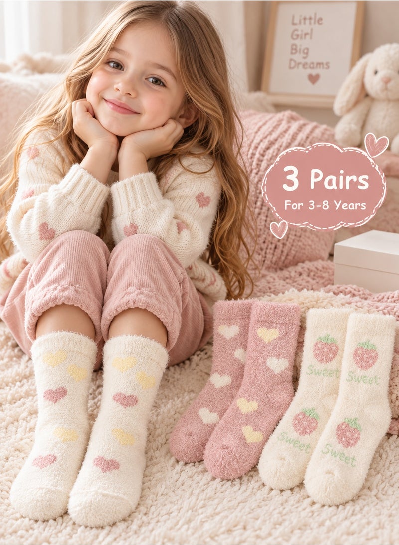 Girls Winter Fuzzy Socks 3 Pairs, Thick Warm Soft Furry Socks in Pink and Off-White with Cute Heart and Strawberry Patterns, Cozy Winter Socks for Girls Ages 3-8 Years - Image 1
