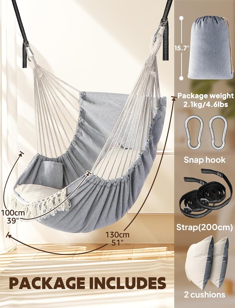 Chihee Hammock Chair Hanging Swing 2 Pillows Included,Strong Webbing Straps and Hooks for Easy Hanging Soft Cotton Hanging Chair Side Pocket Tassel Chair Comfort Indoor Outdoor Light Grey - Image 4
