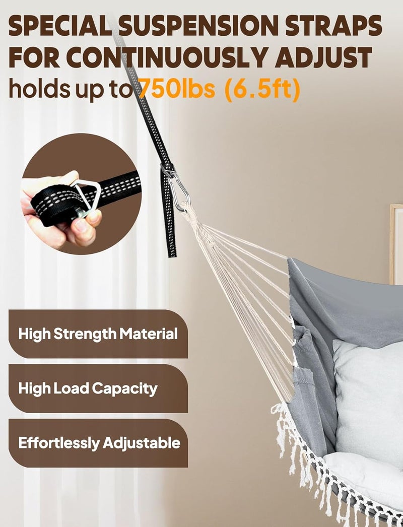 Chihee Hammock Chair Hanging Swing 2 Pillows Included,Strong Webbing Straps and Hooks for Easy Hanging Soft Cotton Hanging Chair Side Pocket Tassel Chair Comfort Indoor Outdoor Light Grey - Image 5