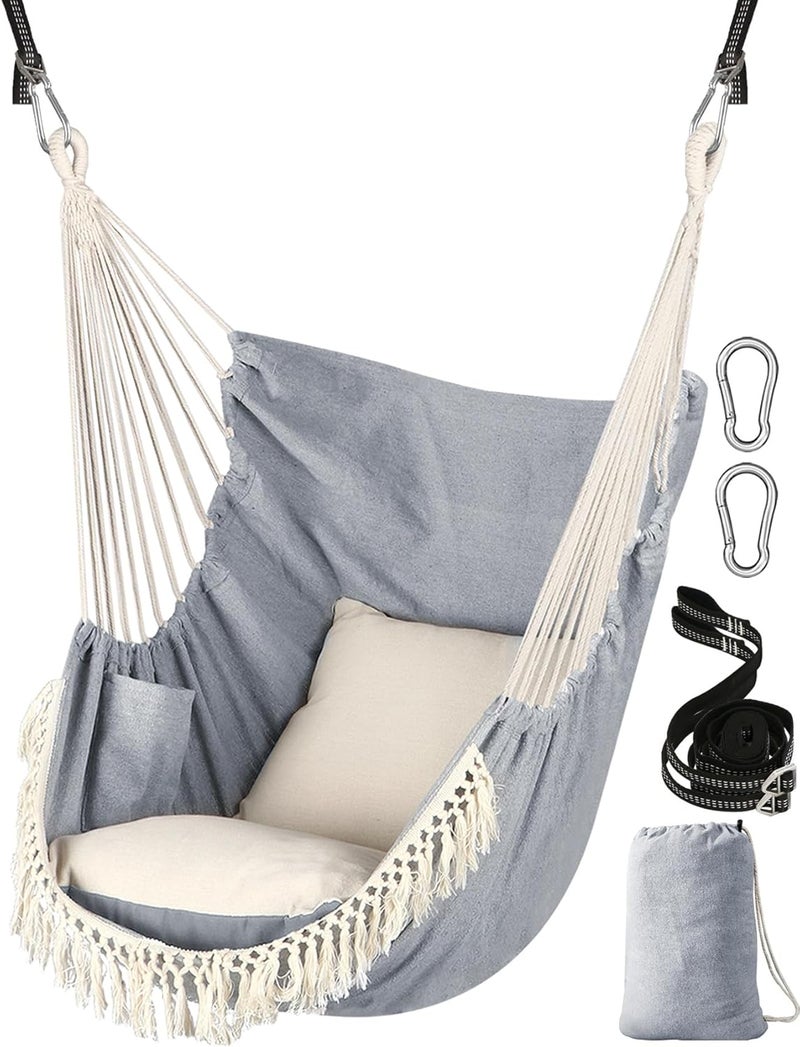 Chihee Hammock Chair Hanging Swing 2 Pillows Included,Strong Webbing Straps and Hooks for Easy Hanging Soft Cotton Hanging Chair Side Pocket Tassel Chair Comfort Indoor Outdoor Light Grey - Image 1