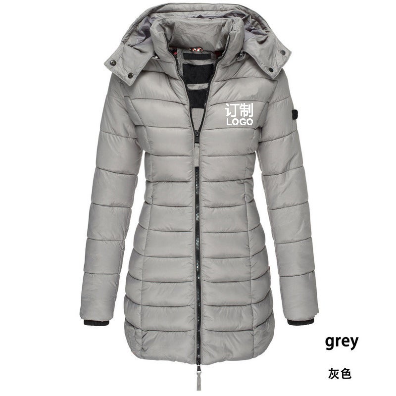 Printed logo printing European size cross-border winter womens cotton jacket mid-length slim warm solid color hooded Black - Image 2