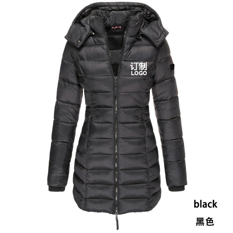 Printed logo printing European size cross-border winter womens cotton jacket mid-length slim warm solid color hooded Black - Image 1