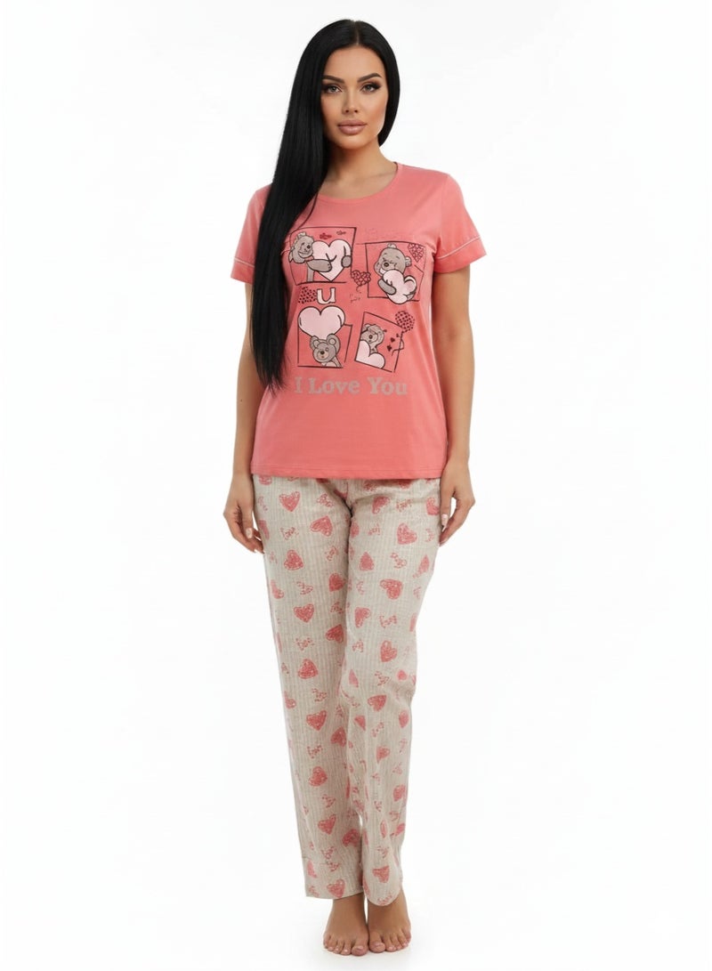 JOANNA Women's I Love You Print Short Sleeve Shirt & Long Pants Pajama Set, Fuchsia, L - Image 1