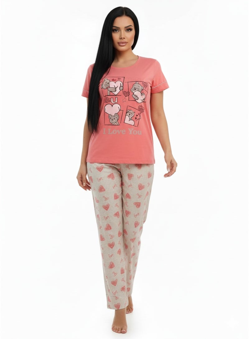 JOANNA Women's I Love You Print Short Sleeve Shirt & Long Pants Pajama Set, Fuchsia, L - Image 2