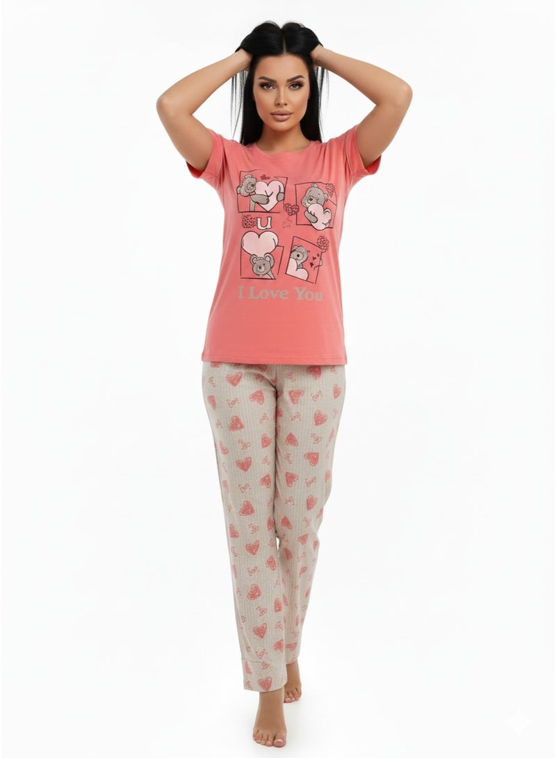 JOANNA Women's I Love You Print Short Sleeve Shirt & Long Pants Pajama Set, Fuchsia, L - Image 3