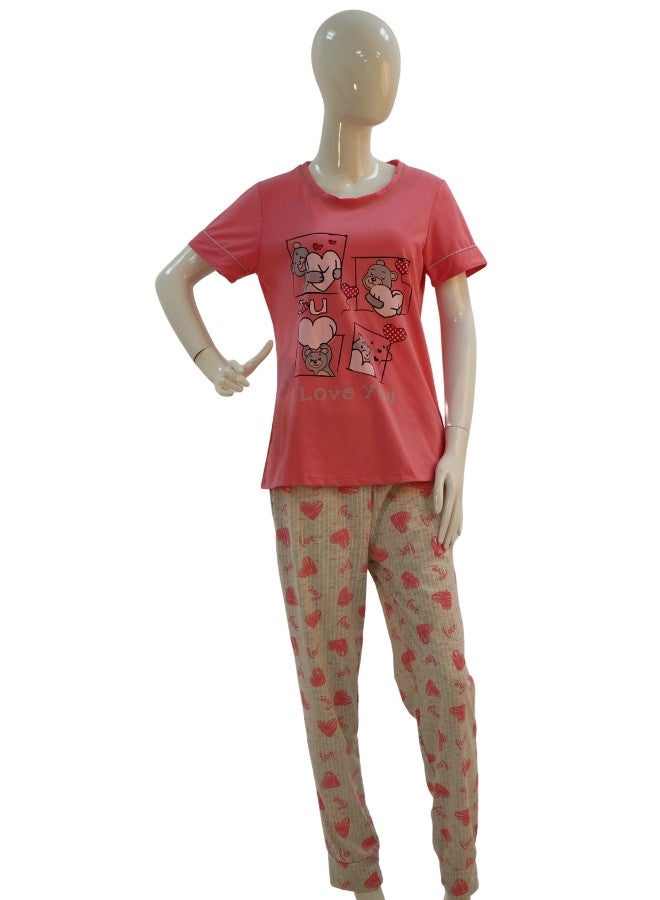 JOANNA JOANNA Women's I Love You Print Short Sleeve Shirt & Long Pants Pajama Set, Fuchsia - Image 1