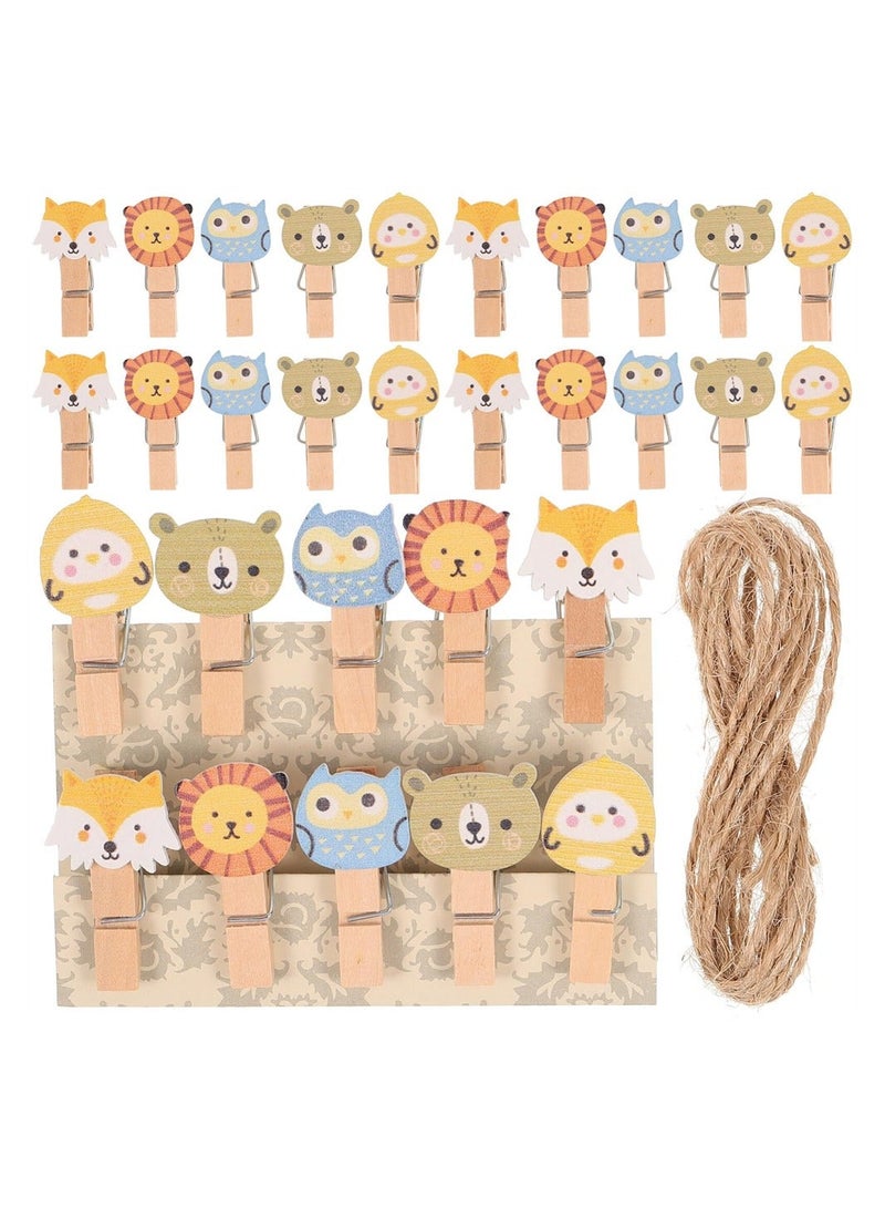 Generic 100PCS Mini Wood Clips with Twine, Forest Animals Wooden Photo Clips Small Clothes Pin Tiny Wood Clip for Crafts, Mini Diy Pins for Hanging Picture Display Artwork Decoration - Image 1