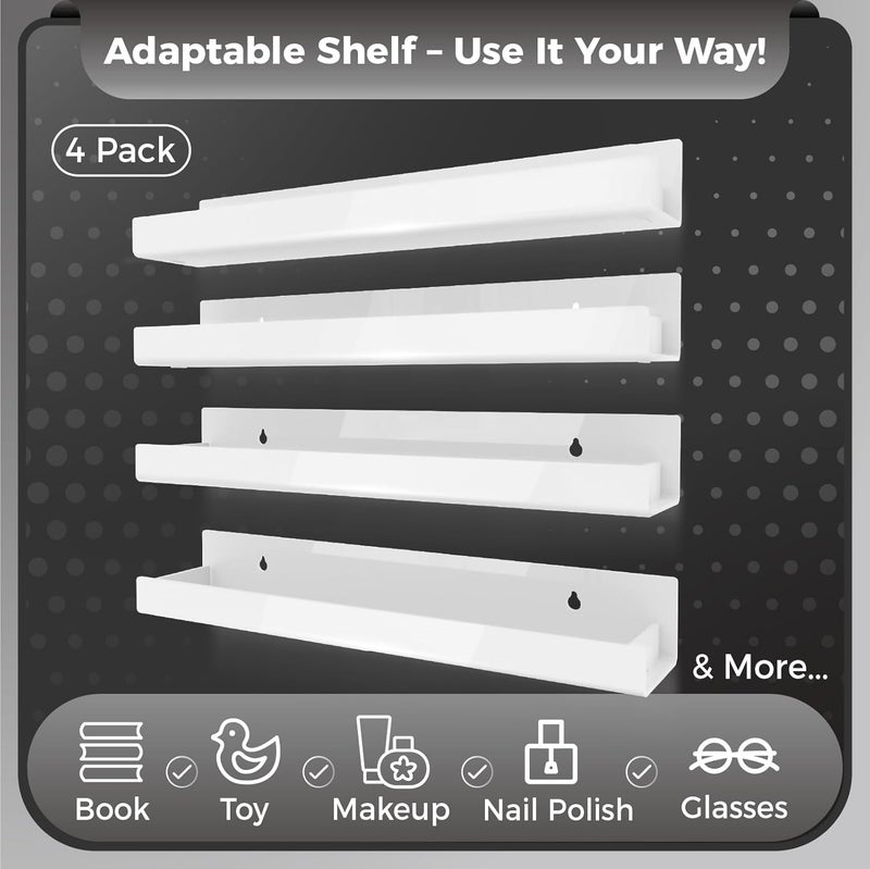 RORKIM 4 Pack 15 Inch Whtie Acrylic Shelves, Kids Floating Bookshelf for Kids Room, Modern Nail Polish Rack Sunglasses Essential Oil Picture Ledge Display Toy Storage Wall Shelf - Image 3