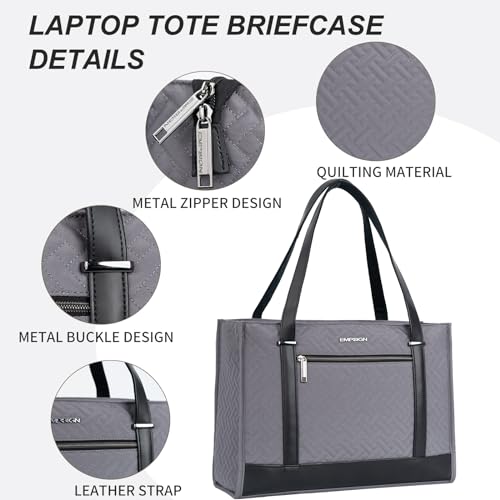 EMPSIGN Laptop Tote Bag for Women 16 Inch, Stylish Computer Shoulder Tote Bag for Work, Large Capacity Quilted Laptop Briefcase, Waterproof Women Business Office Bag, Quilted Grey - Image 4