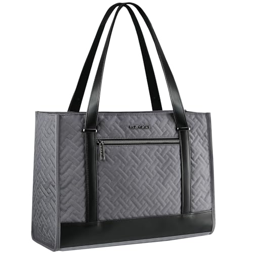 EMPSIGN Laptop Tote Bag for Women 16 Inch, Stylish Computer Shoulder Tote Bag for Work, Large Capacity Quilted Laptop Briefcase, Waterproof Women Business Office Bag, Quilted Grey - Image 1