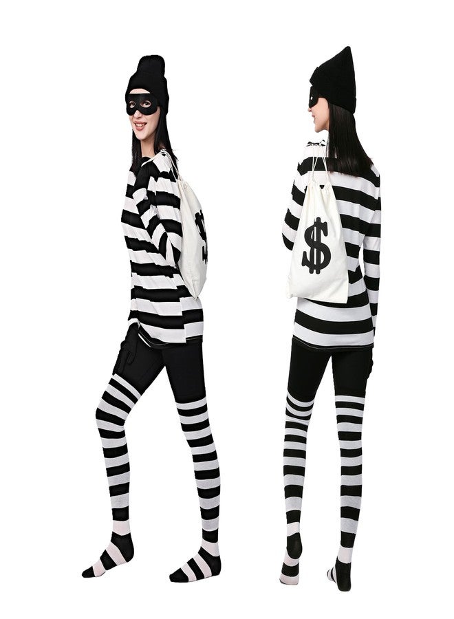 Eylola Women's Robber Costume Set Cosplay Thief Accessories for Halloween Party Black and White Striped Knit Beanie Cap Cosplay Burglar Accessories S - Image 2