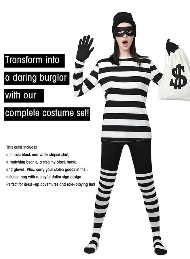 Eylola Women's Robber Costume Set Cosplay Thief Accessories for Halloween Party Black and White Striped Knit Beanie Cap Cosplay Burglar Accessories S - Image 3