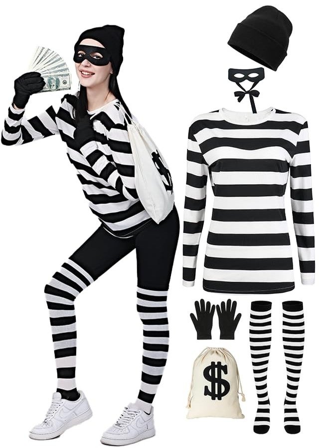 Eylola Women's Robber Costume Set Cosplay Thief Accessories for Halloween Party Black and White Striped Knit Beanie Cap Cosplay Burglar Accessories S - Image 1