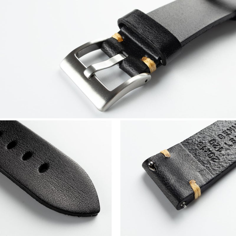 Berfine 18mm Retro Handmade Watch Band, Quick Release Vintage Leather Watch Strap Replacement,Black - Image 3