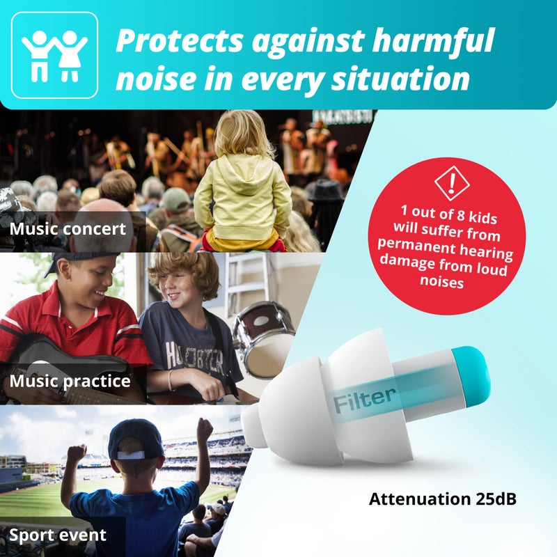 ALPINE HEARING PROTECTION بلوجيز ألباين - سدادات أذن مصفاة للأطفال وقنوات الأذن الصغيرة - 25 ديسيبل - حماية متعددة الأغراض معتمدة للأطفال - العمر من 5 إلى 12 - سدادات أذن مريحة مضادة للحساسية للأطفال - Image 3