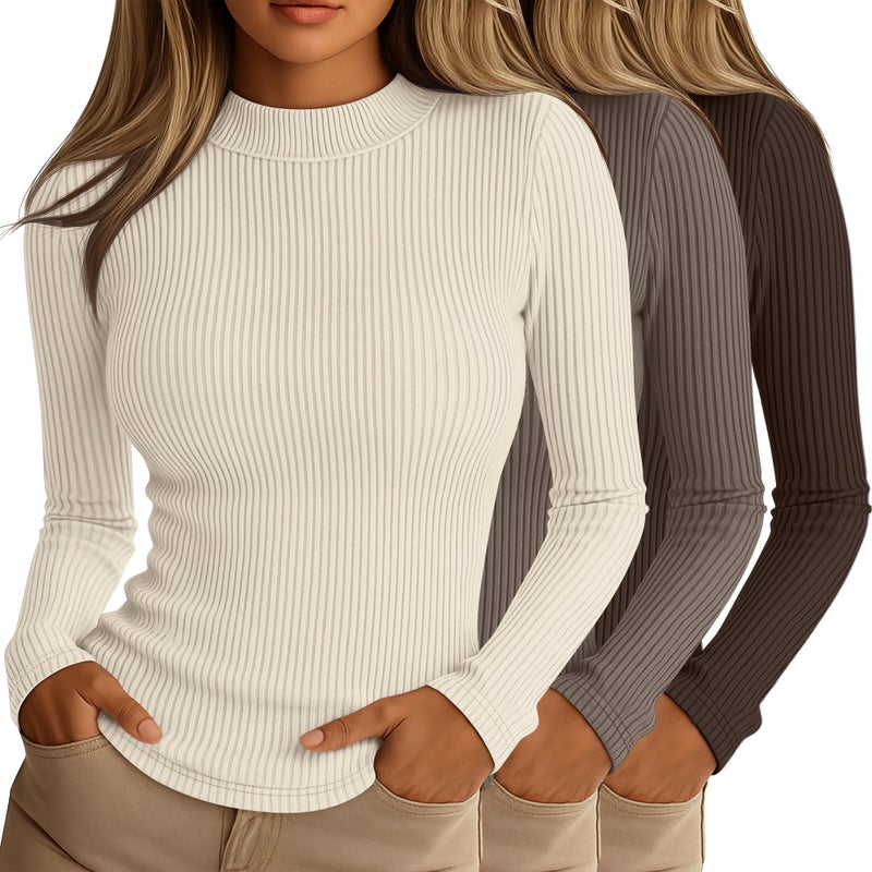 Riyiper 3 Pack Womens Ribbed Shirts Mock Turtleneck Long Sleeve Tops Slim Fitted Undershirts Casual Basic Layering TeesCream Coffee Dark BrownSmall - Image 2