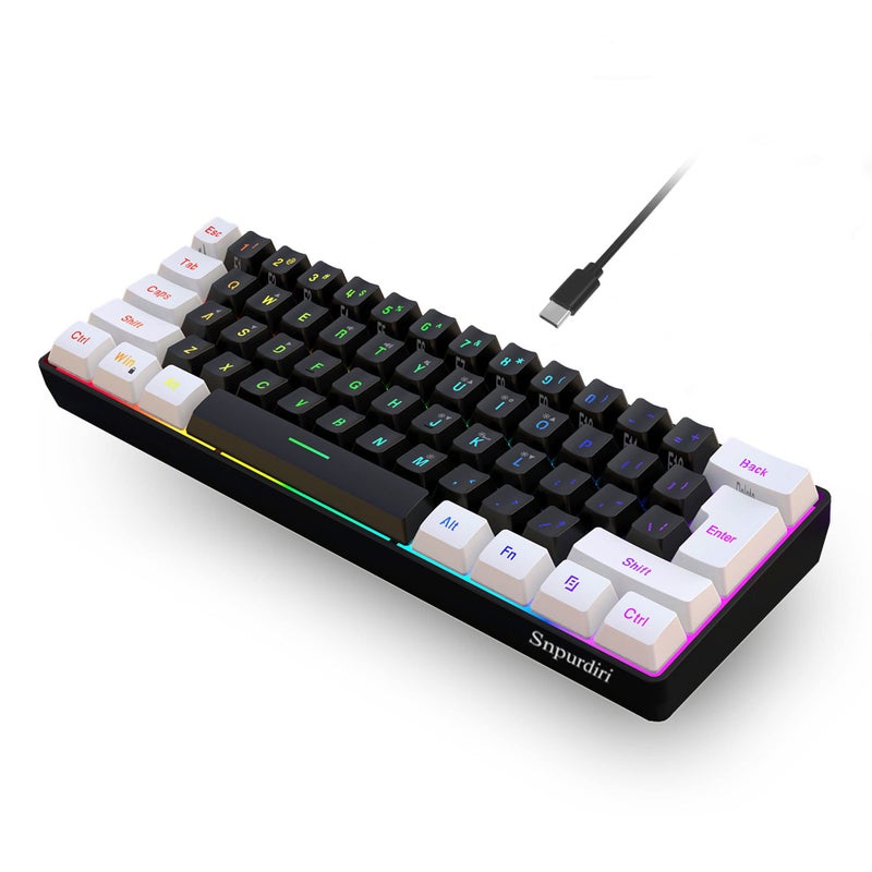 Snpurdiri 60% Wired Gaming Keyboard, Small RGB Backlit Membrane Gaming Keyboard, Ultra-Compact Mini Waterproof Keyboard for PC Computer Gamer White and Black - Image 1