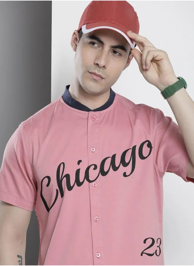 The Indian Garage Co Men Regular Fit Placement Print Half Sleeves Baseball Collar Casual Shirt