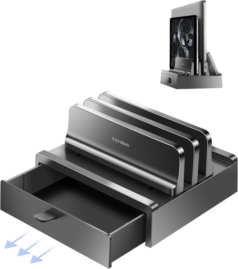 Vaydeer Vertical Laptop Stand with Drawer, Dual Slots Plastic Laptop Holder with Space Saving 4-in-1 Design, Adjustable Laptop Stand for Desk, Supports MacBook, Chromebook, Surface, Dell - Image 1