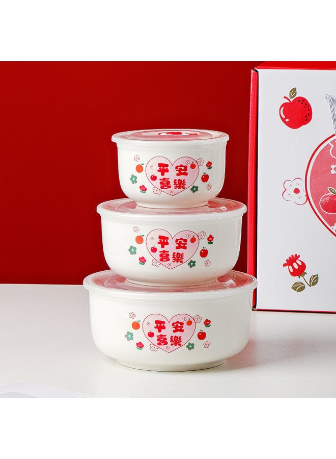 Ceramic Preservation Bowl Three-piece Set Sealed Bowl Preservation Box Gift Bowl Dormitory Suit Gift Box Wedding Printing LOGO-Specifications:Peace And Joy-Color:Three-piece (4 Inch 5 Inch 6 Inch) Gift Box - Image 4