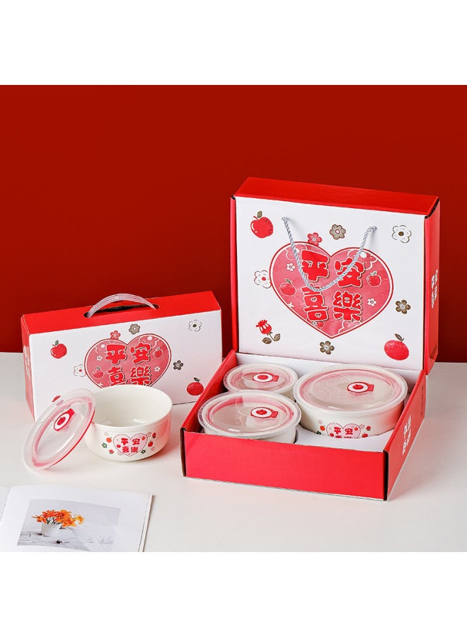 Ceramic Preservation Bowl Three-piece Set Sealed Bowl Preservation Box Gift Bowl Dormitory Suit Gift Box Wedding Printing LOGO-Specifications:Peace And Joy-Color:Three-piece (4 Inch 5 Inch 6 Inch) Gift Box - Image 1
