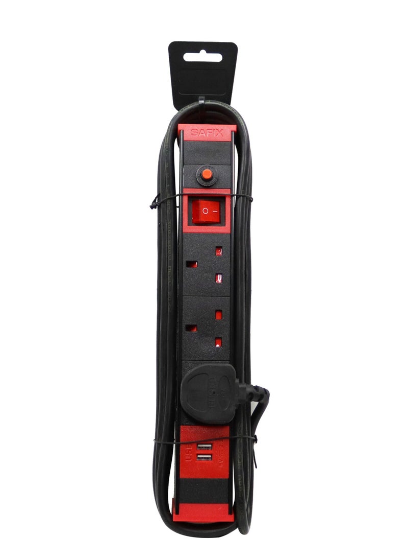 سافيكس سلك تمديد طاقة 5 ياردات ، متعدد المكونات مع فتحات شحن USB سريعة ، شريط طاقة 3 اتجاهات ومفتاح إيقاف تشغيل ، أسود أحمر ، صناعة سعودية  - Image 1