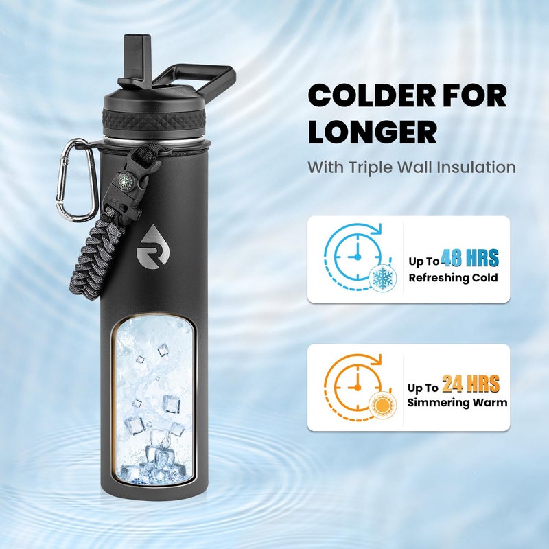 Raymylo Insulated Water Bottle 24Oz  Triple Wall Vacuum Stainless Steel (Cold For 48 Hrs  Hot For 24Hrs)  Leak Proof & Non-Bpa  24Oz Hydro Water Flask With Paracord Handle & Straw Spout Lids - Image 2