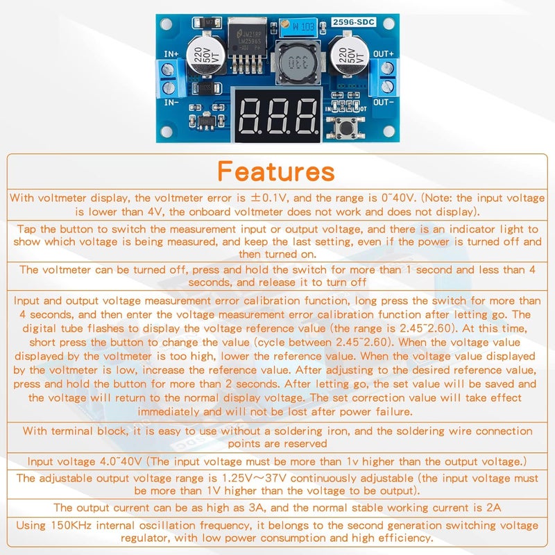 EC Buying LM2596 DC-DC Step-Down Voltage Module, Step-Down Converter, Adjustable Buck Converter Regulator Module with Digital Input 2.5V~40V Output1.25V~37V 3A/voltage Regulator with LED Display(2PCS) - Image 5