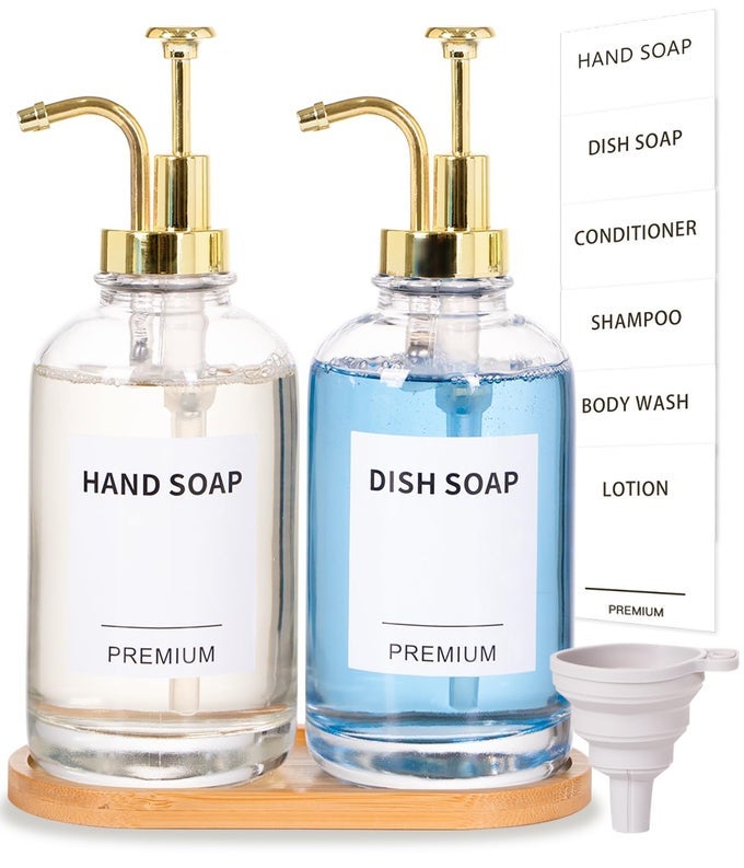 DISH SOAP DISPENSER FOR KITCHEN HAND GLASS SOAP DISPENSER SET WITH PUMP TRAY FUNNEL FOR BATHROOM SHOWER LAUNDRY LIQUID LOTION GOLD 2 PACK 18 OZ CLEAR BOTTLES WITH 12 STICKERS