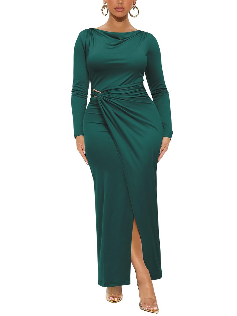 Ekaliy Women's Elegant Cowl Neck Bodycon Maxi Dress Long Sleeve Party Cocktail Wedding Guest Dress Long Dark Green Dresses 2XL - Image 1