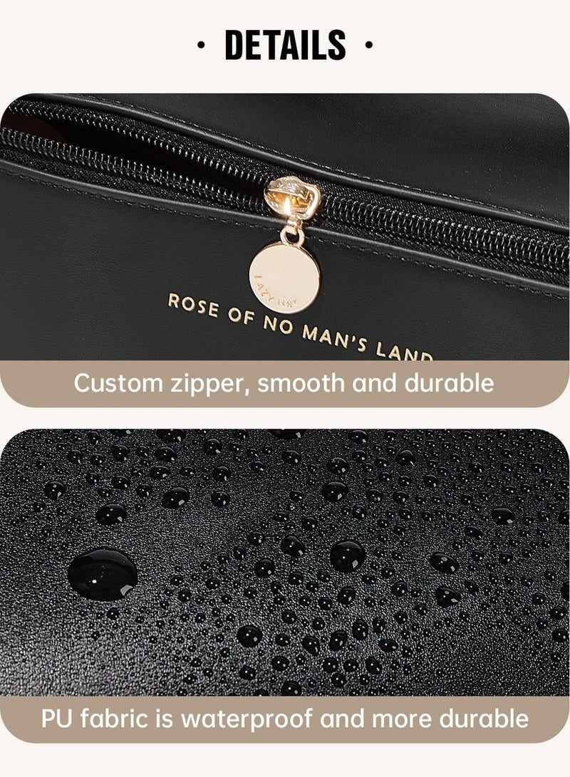 Travel Cosmetic Bag, Women's Large Capacity Cosmetic Bag, Waterproof Portable Bag Flat Cosmetic Bag, Makeup Storage Bag with Dividers and Handles (Black) - Image 5