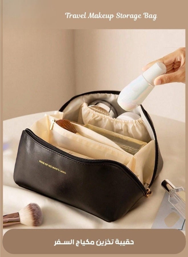 Travel Cosmetic Bag, Women's Large Capacity Cosmetic Bag, Waterproof Portable Bag Flat Cosmetic Bag, Makeup Storage Bag with Dividers and Handles (Black) - Image 1