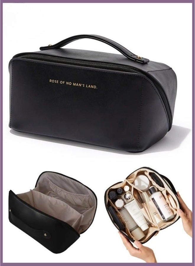 Travel Cosmetic Bag, Women's Large Capacity Cosmetic Bag, Waterproof Portable Bag Flat Cosmetic Bag, Makeup Storage Bag with Dividers and Handles (Black) - Image 2