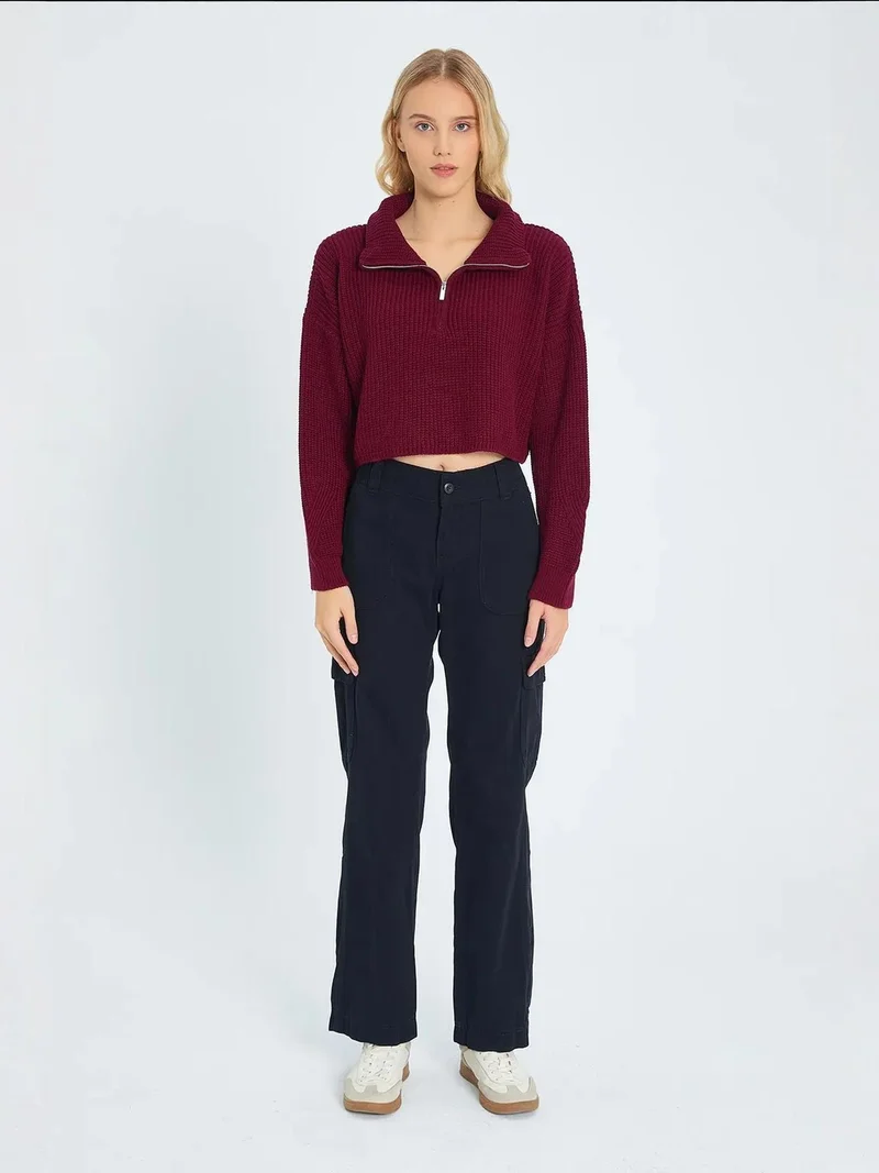 MixRay Mixray Textured Long Sleeve Zipped Collar Sweater
