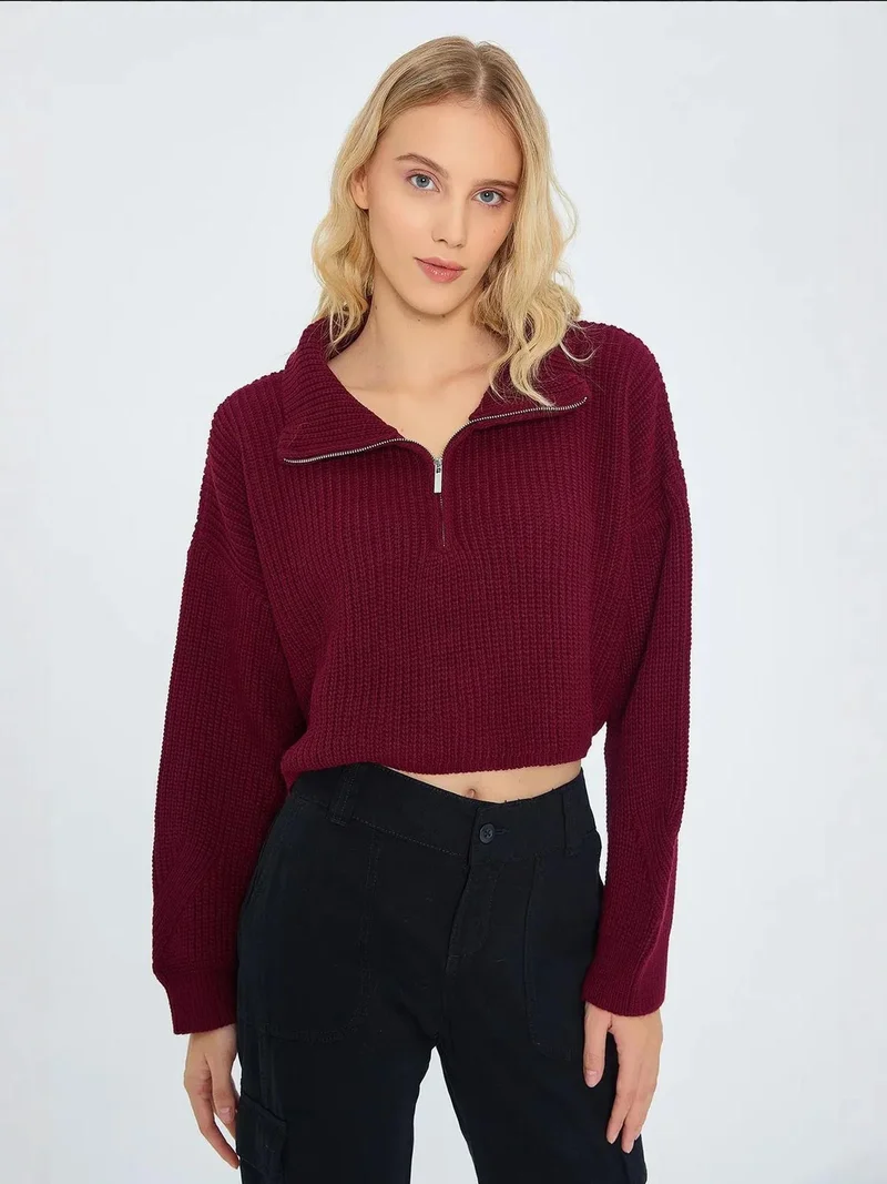 Mixray Textured Long Sleeve Zipped Collar Sweater