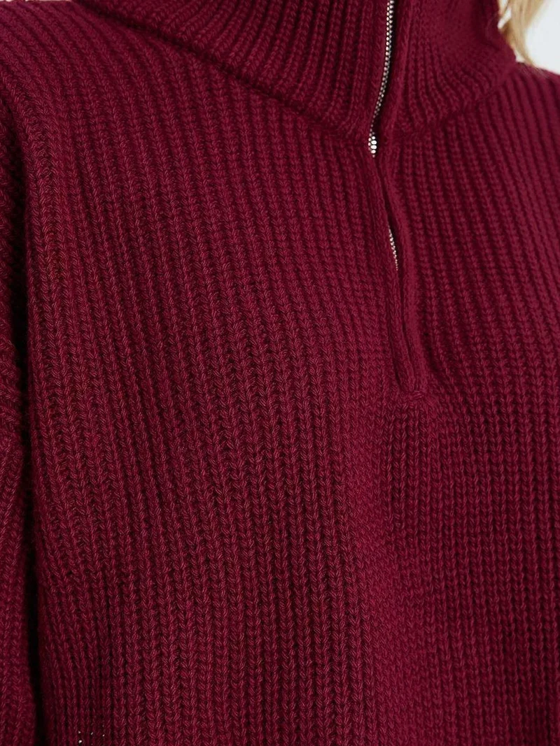 Mixray Burgundy Red Mixray Textured Long Sleeve Zipped Collar Sweater for Women | Best Price UAE