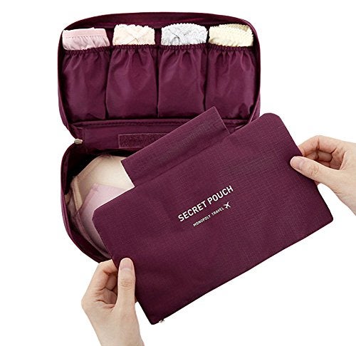 Wowlife Fashion Portable Multi-Functional Travel Organizer Cosmetic Make-up Bag Luggage Storage Case Bra Underwear Pouch (Wine Red) - Image 1