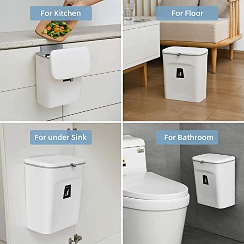 Kitchen Trash Can for Countertop or Under Sink, Mountable Indoor Composter, Hanging Small Trash Can with Lid for Cabinets/Bathroom/Bedroom/Office/Camping, 2.4 Gallon White - Image 2