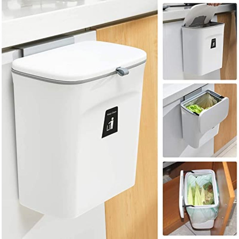 Kitchen Trash Can for Countertop or Under Sink, Mountable Indoor Composter, Hanging Small Trash Can with Lid for Cabinets/Bathroom/Bedroom/Office/Camping, 2.4 Gallon White - Image 1